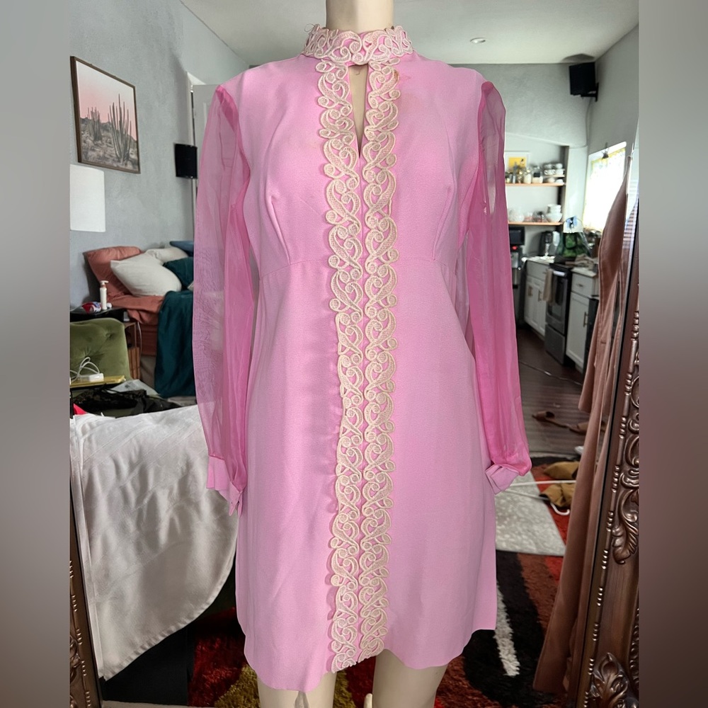 Pink Vintage 1960s Sheer Sleeve Dress with Ivory Lace Trim